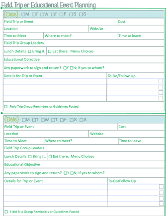 Homeschool Field Trip Planning Form