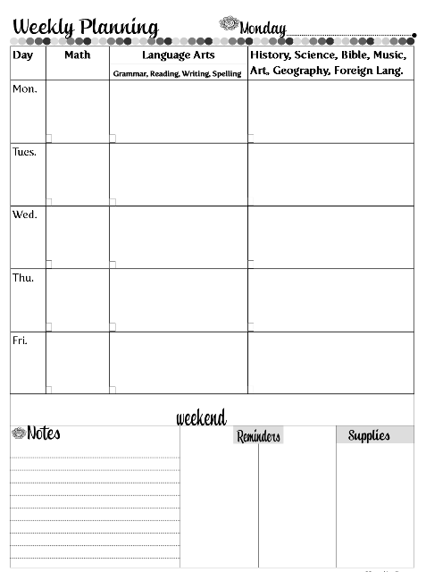 Homeschool Weekly Planning Page