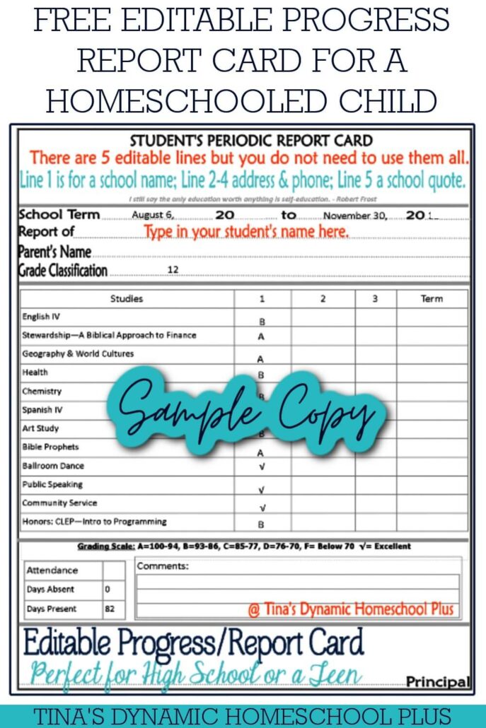 Free Homeschool Editable Progress Report Card for Teen