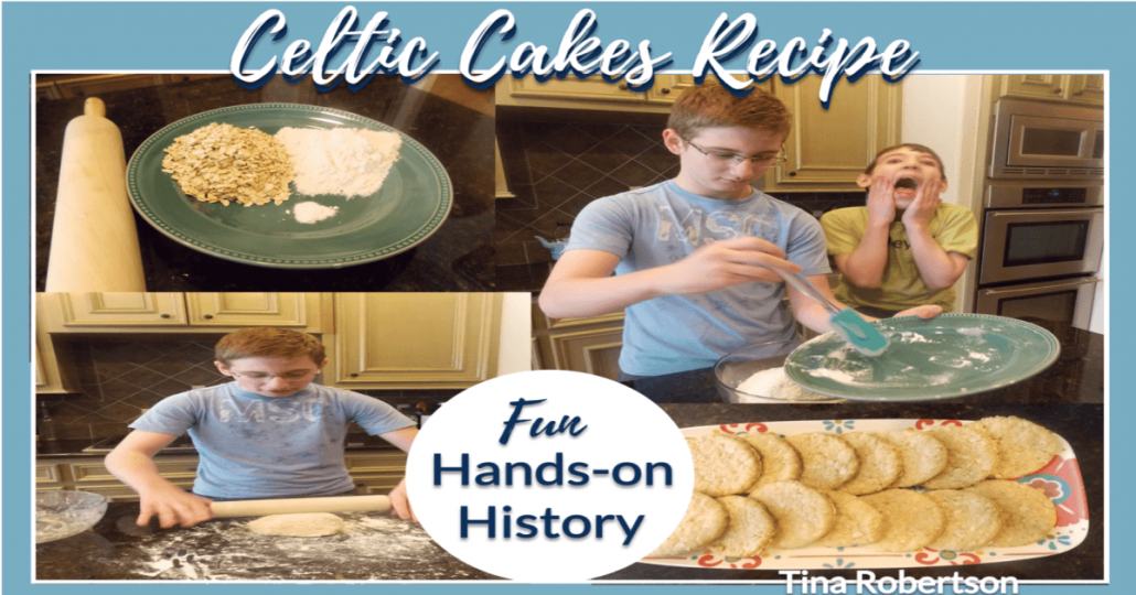 Celtic Cakes Recipe text with image of two kids baking together in a kitchen