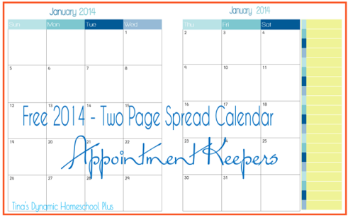 2014 -  2 pages per month calendar @ Tina's Dynamic Homeschool Plus