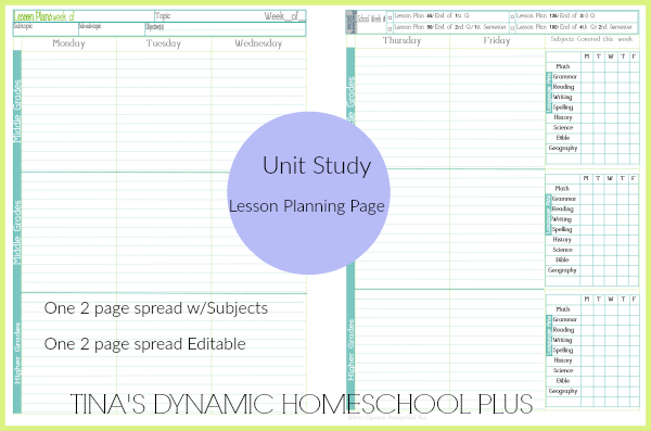 4a Lesson Planning Pages subjects filled in @ Tina's Dynamic Homeschool Plus