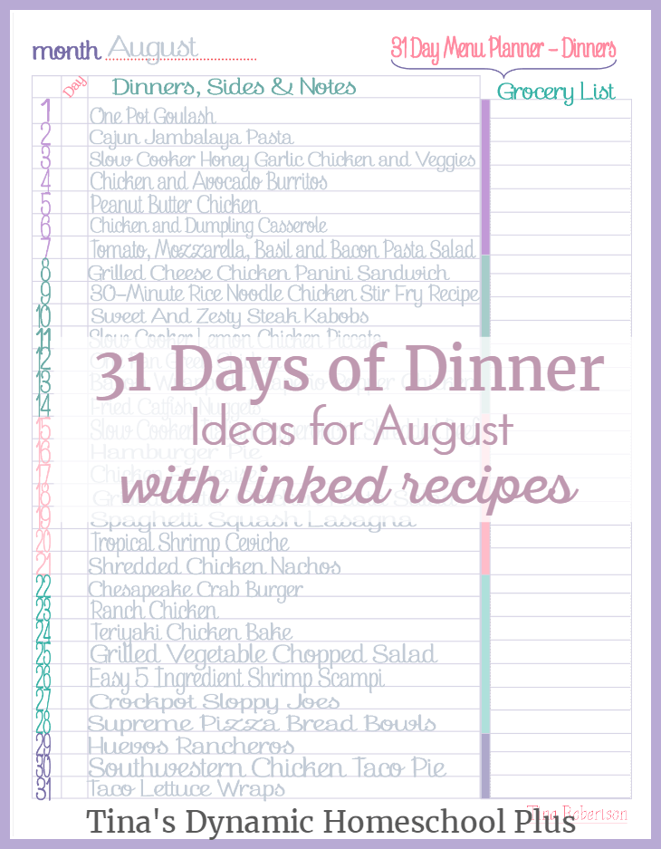 August 31 days of dinner ideas