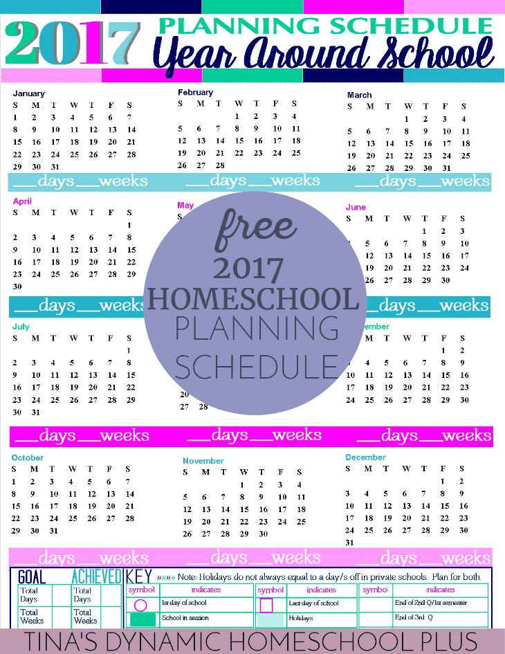 2017 Year Around Homeschool Planning Schedule Mist Color Option @ Tina's Dynamic Homeschool Plus