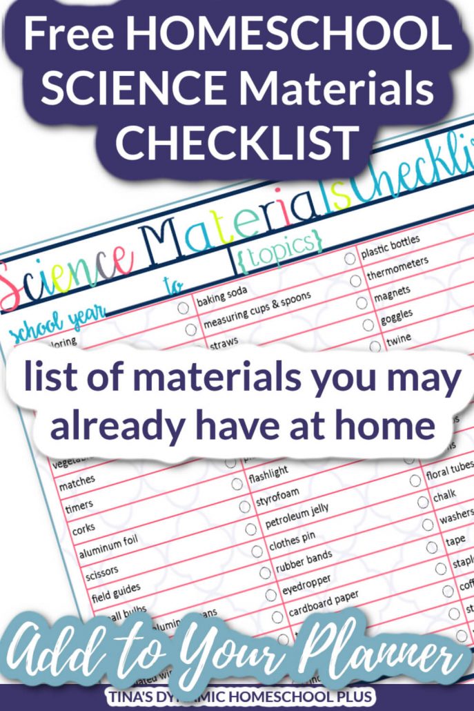 Homeschool Science Materials Checklist for your 7 Step DIY Free Homeschool Planner by Tina Robertson 