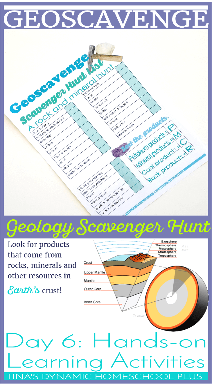 Geoscavenge Hunt. Grab this free printable and get the kids outdoors while learning about products made by rocks and minerals. Click here to grab the free printable over @ Tina's Dynamic Homeschool Plus