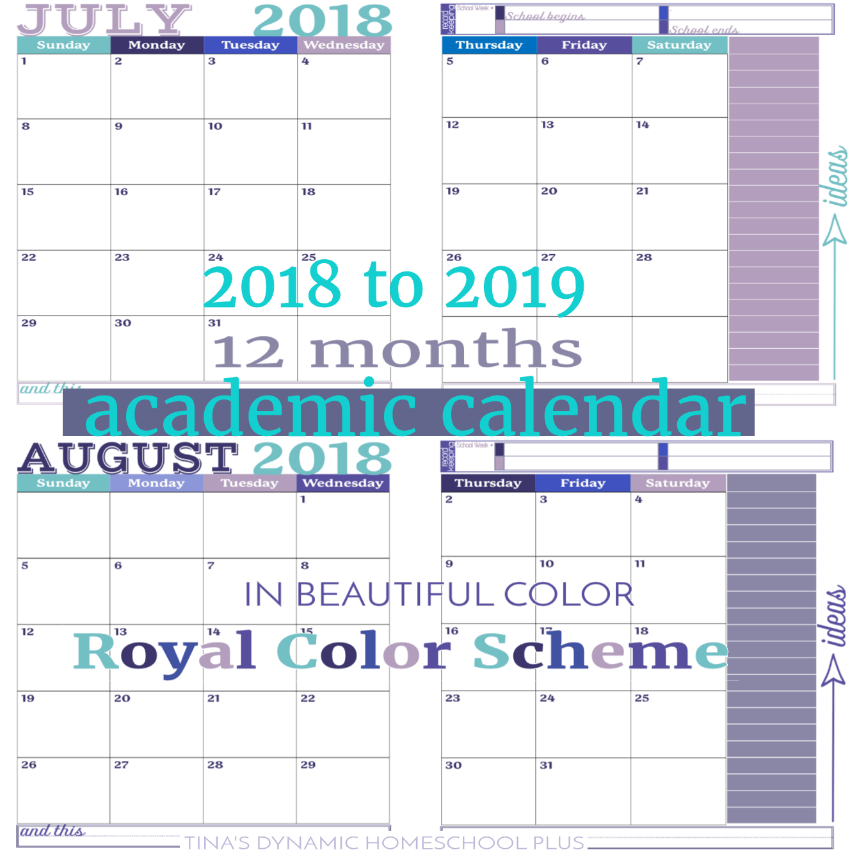 AWESOME academic calendar! Grab this beautiful and in color 2 pages per month academic calendar. You get ALL 12 months. It’s academic because it begins in July when you begin homeschool planning and it ends in June. You’ll love this Royal color option. Use it to begin building your 7 Step Free Homeschool Planner. CLICK HERE to grab it!