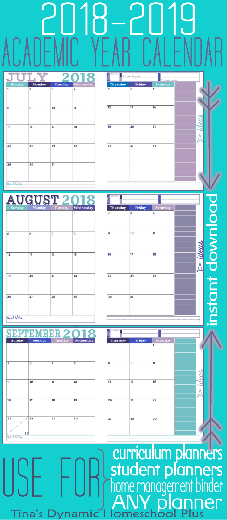 AWESOME academic calendar! Grab this beautiful and in color 2 pages per month academic calendar. You get ALL 12 months. It’s academic because it begins in July when you begin homeschool planning and it ends in June. You’ll love this Royal color option. Use it to begin building your 7 Step Free Homeschool Planner. CLICK HERE to grab it!