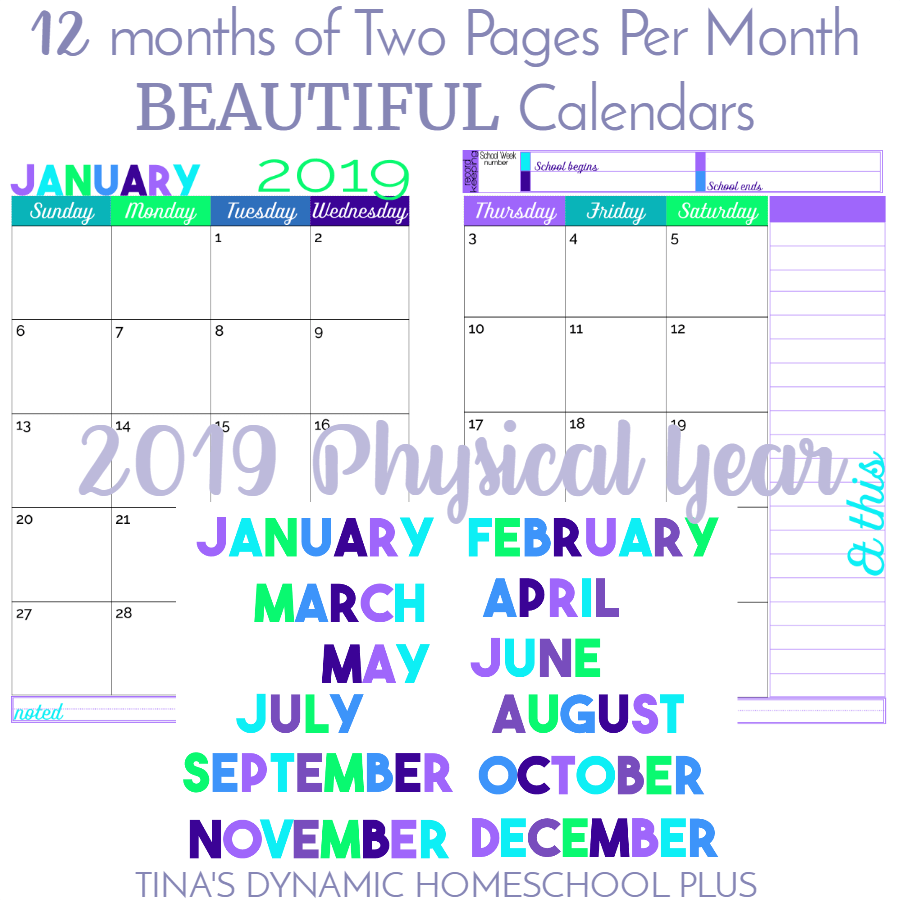 2019 Physical Year Calendar – 2 Pages Per Month (Beach Color Scheme). You'll love using these two pages per month calendars for your homeschool planner, student planner, or home management planner. They come in beautiful color! Click here to grab yours!