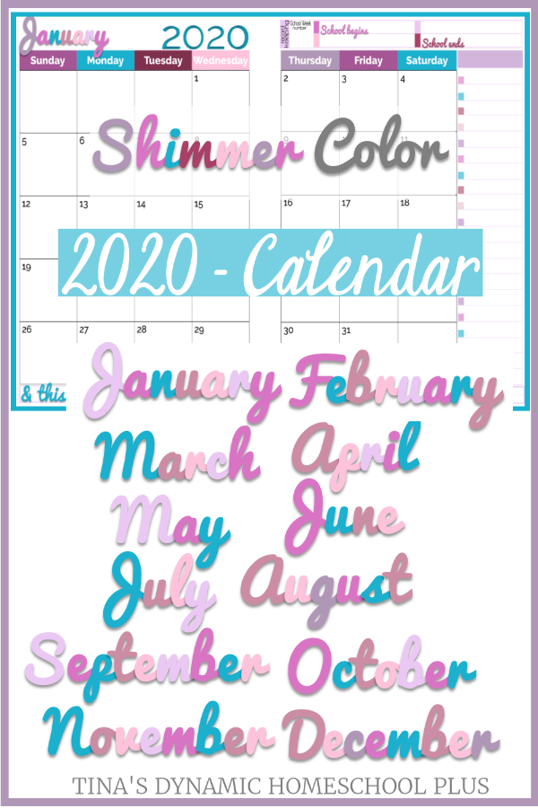 2020 Physical Year Calendar – 2 Pages Per Month (Shimmer Color Scheme). Grab this BEAUTIFUL two pages per month calendar for your printable homeschool planner, blog planner, student planner, or personal planner. CLICK HERE to grab it now!