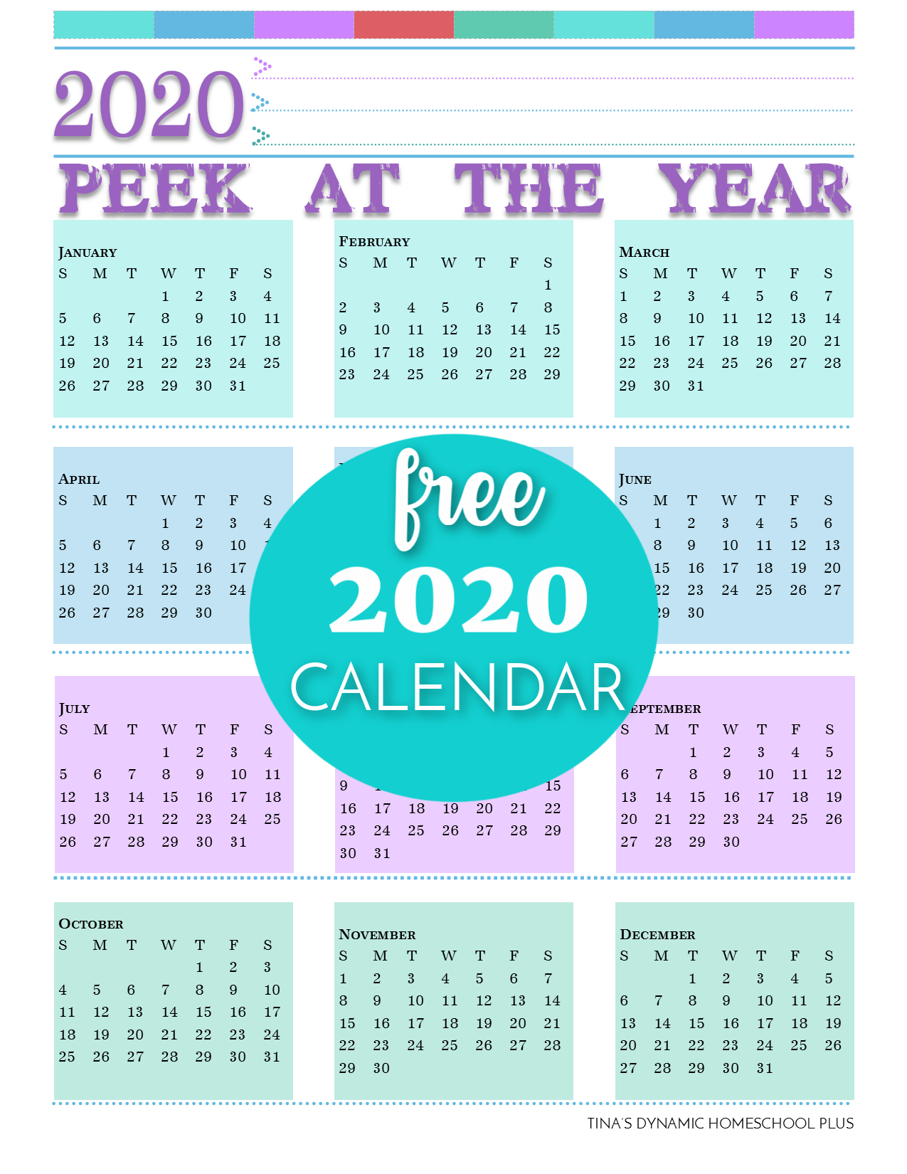 Grab this free BEAUTIFUL and COLORFUL printable 2020 calendar for your homeschool planner or any other planner. CLICK HERE to grab your FREE calendar!