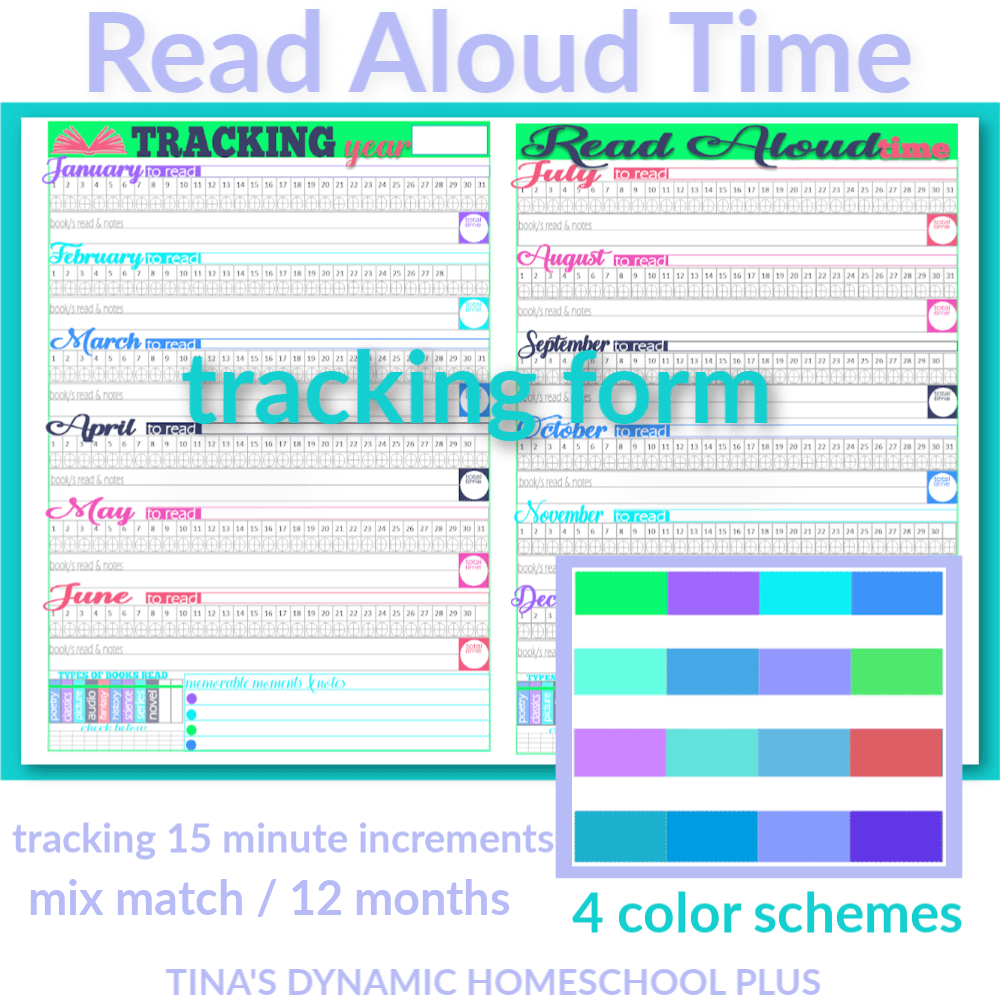Grab this AWESOME Tracking Read Aloud time form to add to your homeschool planner or use stand alone. You’ll love the beautiful 4 color schemes to match any homechool planner pages. Whether you need to record keep or not, you’ll love tracking reading aloud in 15 minutes. CLICK here to grab your copy!