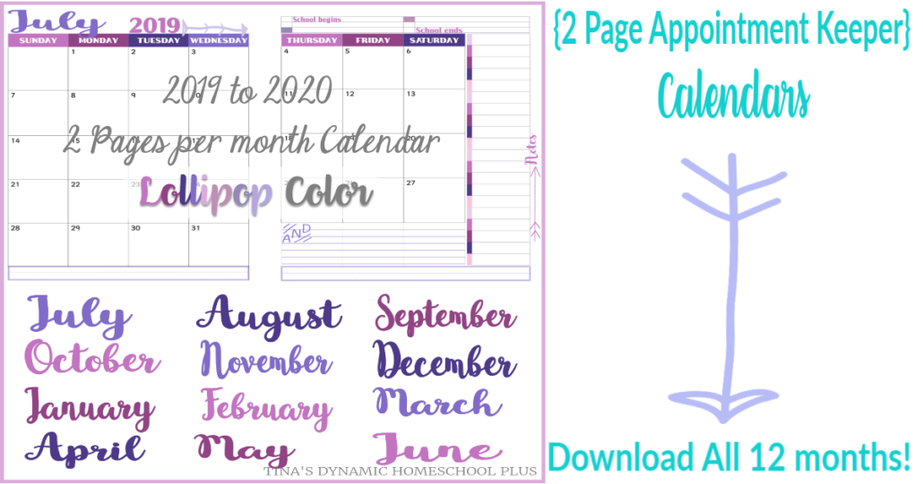 2019 to 2020 two pages per month Academic calendar for your 7 Step Homeschool Planner - Lollipop @ Tina's Dynamic Homeschool Plus