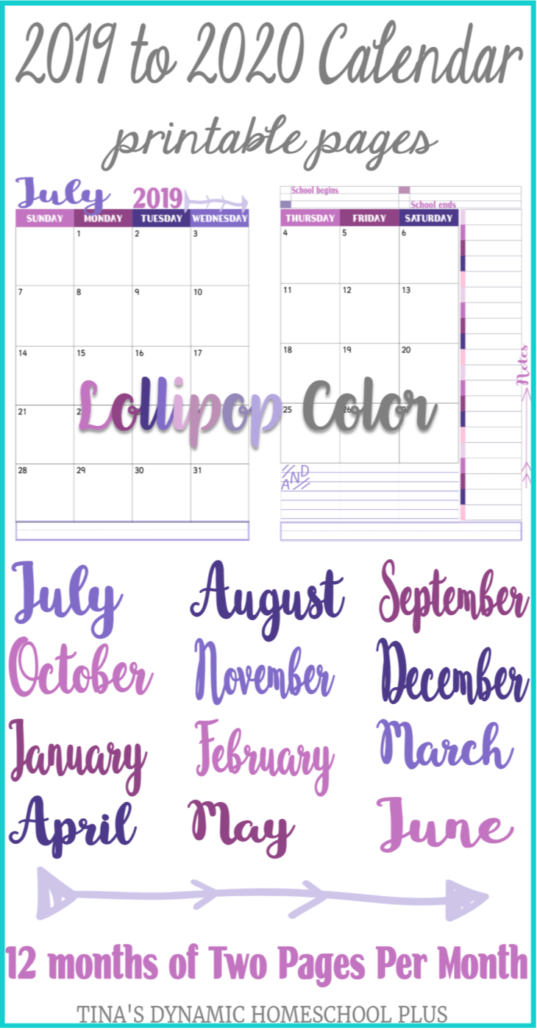 2019 to 2020 two pages per month Academic calendar for your 7 Step Homeschool Planner - Lollipop @ Tina's Dynamic Homeschool Plus