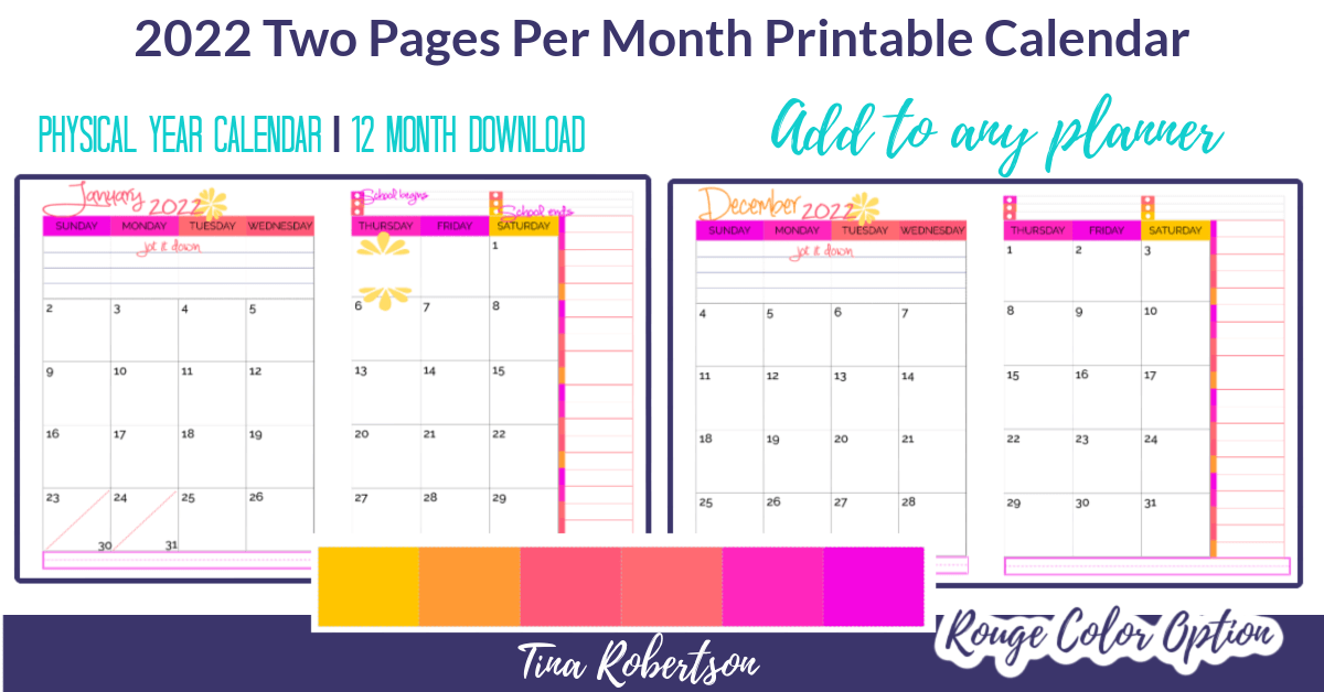 2 Page Monthly Calendar 2022 Printable Beautiful And Colorful 2022 Two Page Monthly Calendar (Rouge)