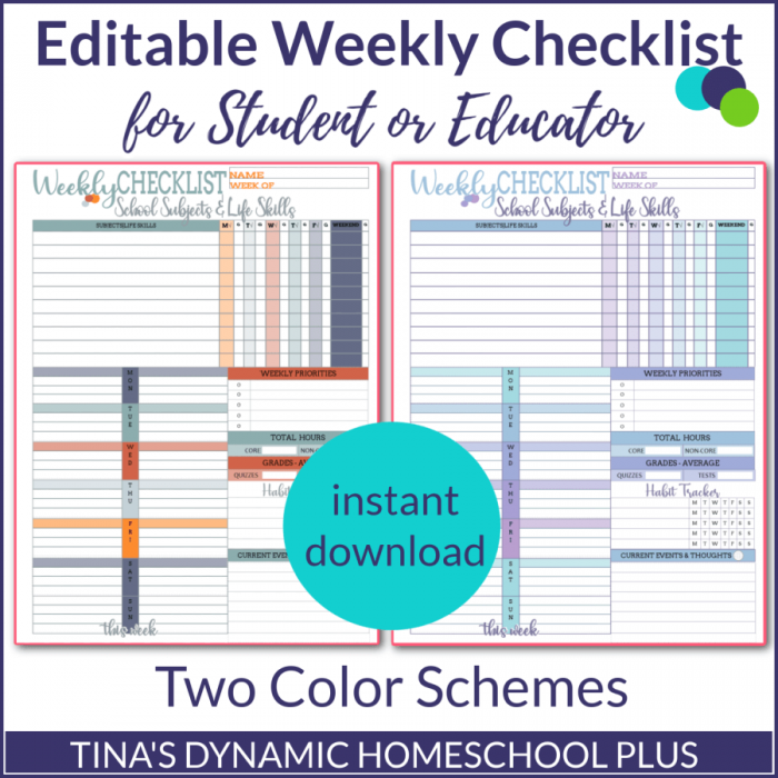 Editable and Pretty Weekly Checklist for Homeschooled Kids