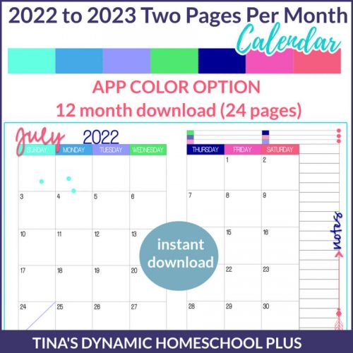 2022-2023 Two Pages Per Month Calendar - App Color