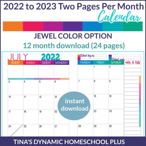 2022-2023 Two Pages Per Month Calendar - Jewel Color