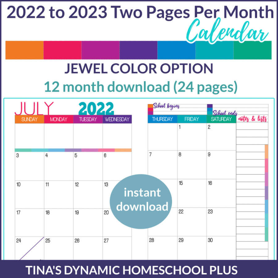 Beautiful and Colorful 2022 to 2023 Two Pages Per Month Calendars