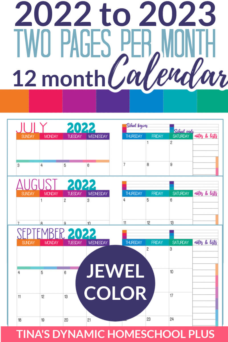 2022-2023 Two Pages Per Month Calendar - Jewel Color