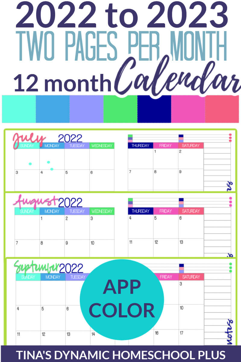 2022-2023 Two Pages Per Month Calendar - App Color