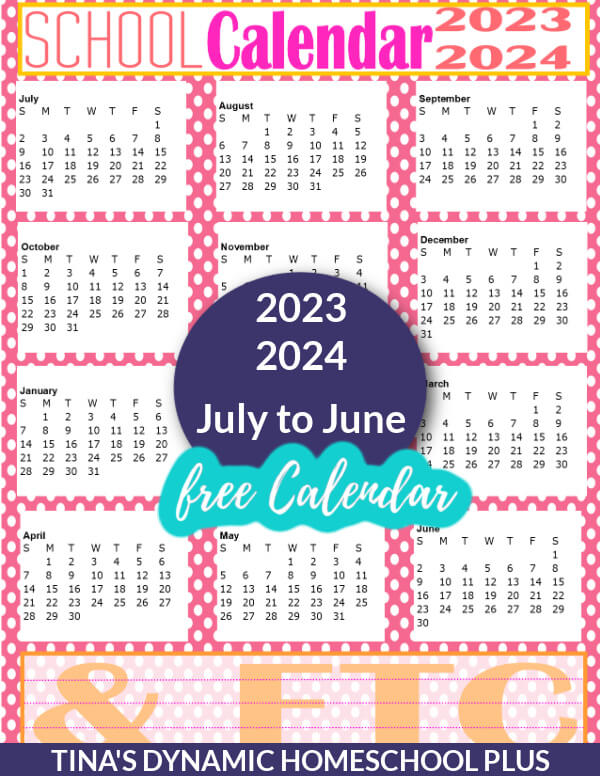 Colorful and Beautiful 2023-2024 One Page Printable Calendar