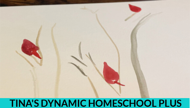 Cardinal Birds in Winter and Birch Trees Easy Watercolor Kids Activity