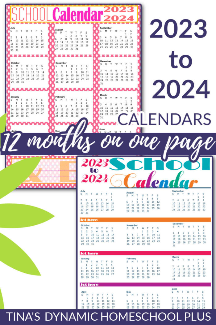 Colorful and Beautiful 2023-2024 One Page Printable Calendar