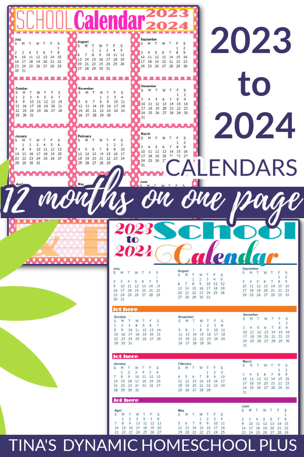 Colorful and Beautiful 2023-2024 One Page Printable Calendar at Tina's