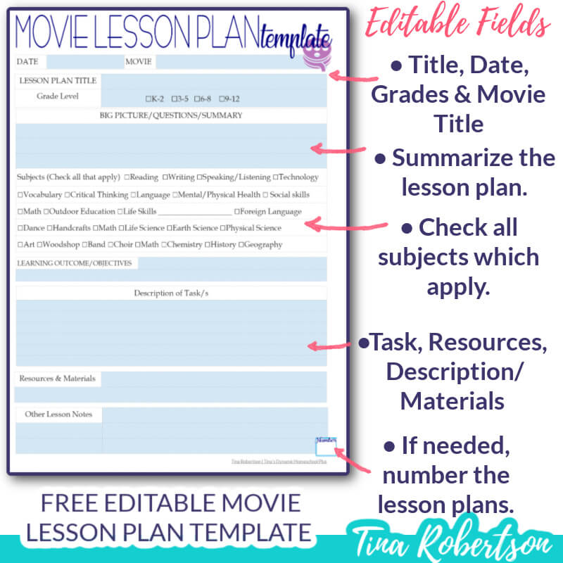 Creative Free Editable Movie Lesson Plan Template for Homeschooling