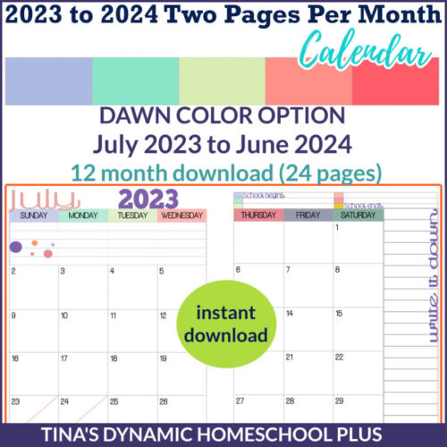 2023-2024 Two Pages Per Month Calendar – Dawn Color