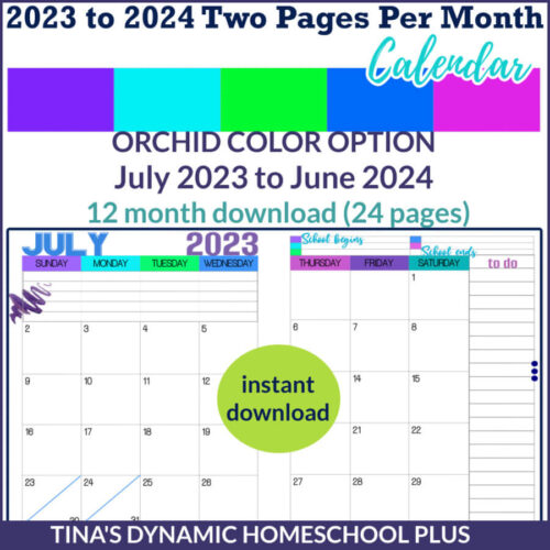2023-2024 Two Pages Per Month Calendar – Orchid Color