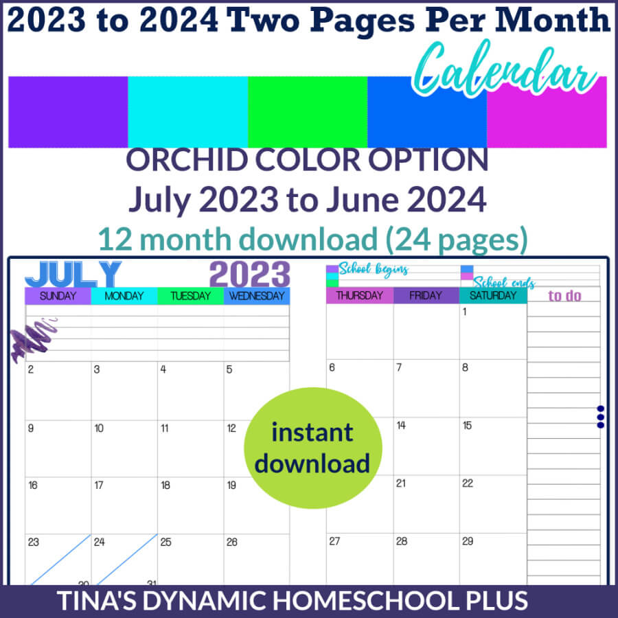 Beautiful and Colorful 2023 to 2024 Two Page Monthly Calendar