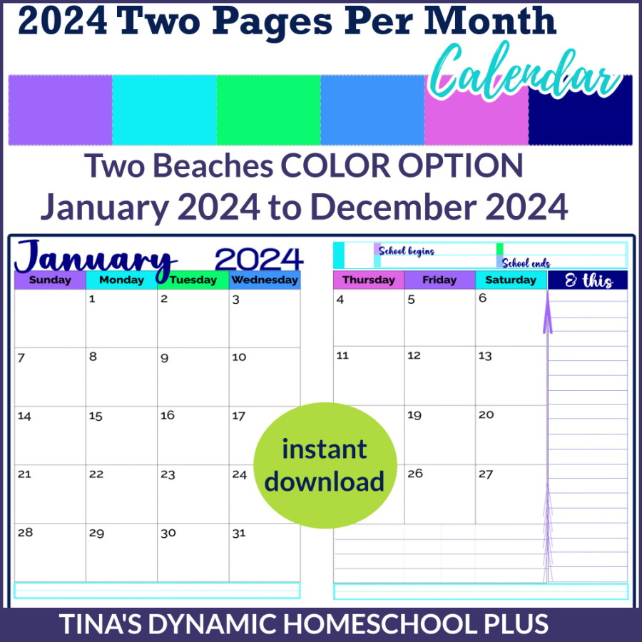 January, 2024 to December, 2024 - Two Page Monthly Calendar. Two Beaches Color