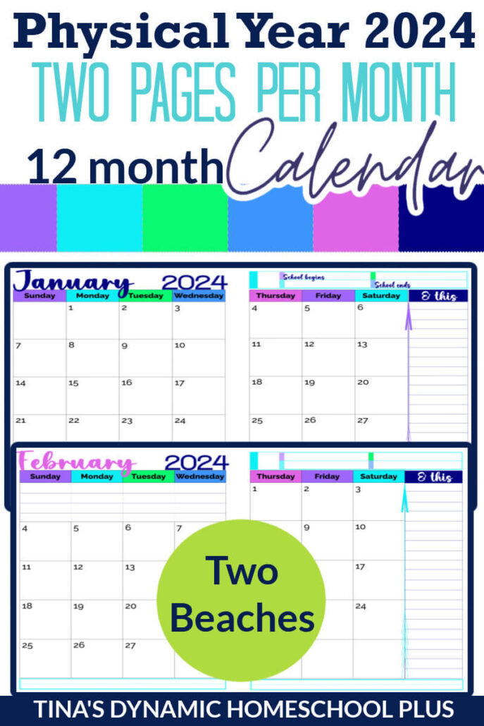 Beautiful and Colorful Physical Year 2024 Two Page Monthly Calendar