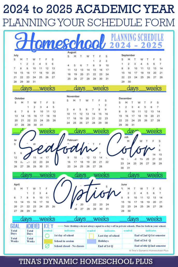 School Year 2024-2025 Homeschool Planning Schedule Seafoam Color Beautiful Form