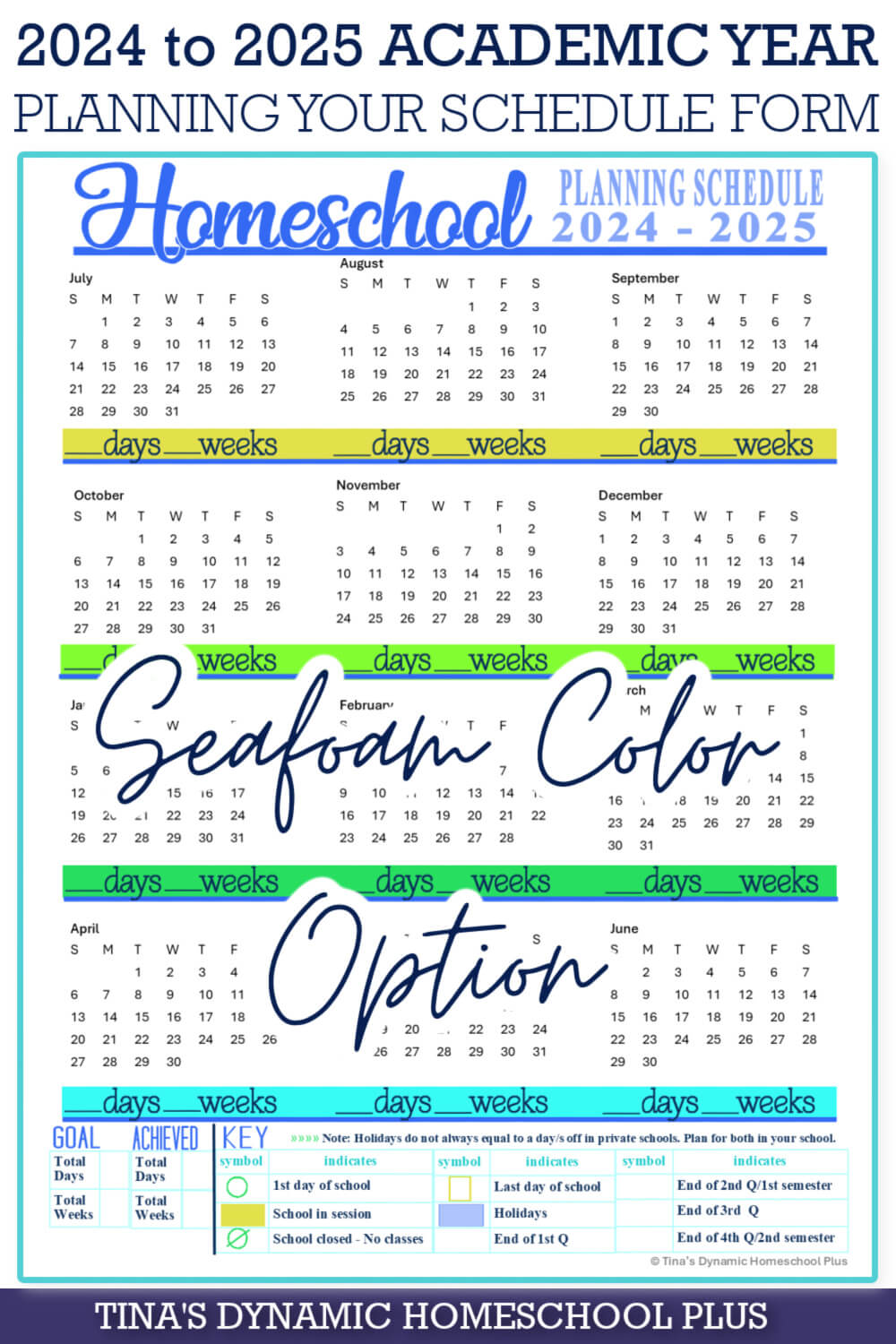 School Year 20242025 Homeschool Planning Schedule Seafoam Color