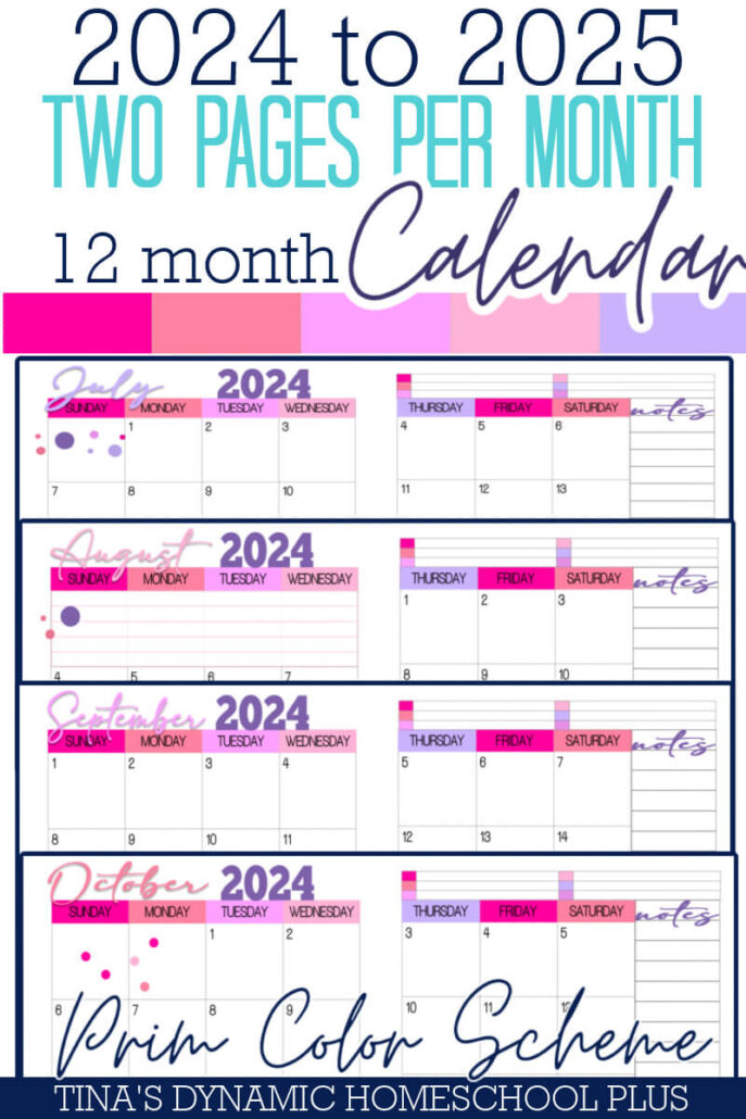Beautiful and Colorful 2024 to 2025 Prim Two Page Monthly Calendar