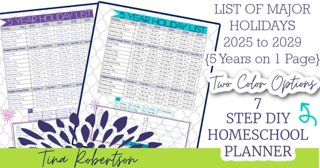 2025 to 2029 Colorful Printable List Of Major Holidays (5 Years One Page)