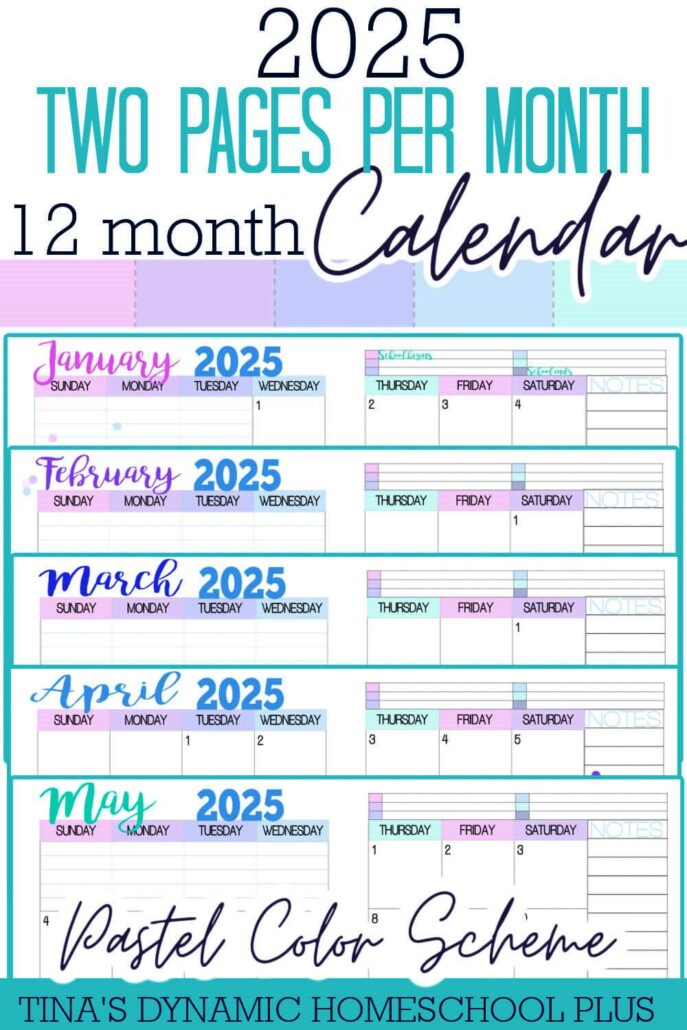 Beautiful and Colorful Physical Year 2025 Two Page Monthly Calendar