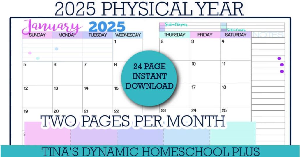 Beautiful and Colorful Physical Year 2025 Two Page Monthly Calendar