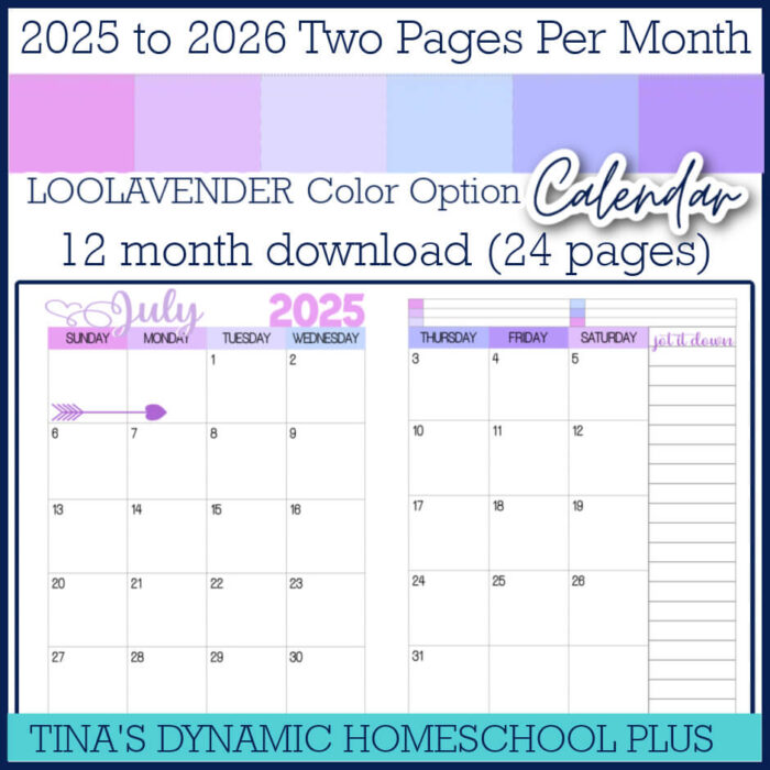 2025-2026 Two Pages Per Month Calendar –  Loolavender Color