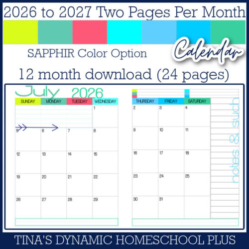 2026-2027 Two Pages Per Month Calendar – Sapphir Color