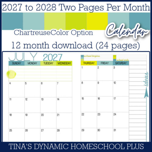 2027-2028 Two Pages Per Month Calendar – Chartreuse Color